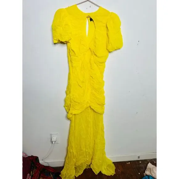 DE LA VALI Yellow Middle Front Cutout Ruching Flowy Sheer Skirt Olympia Gown 14 - Picture 3 of 16